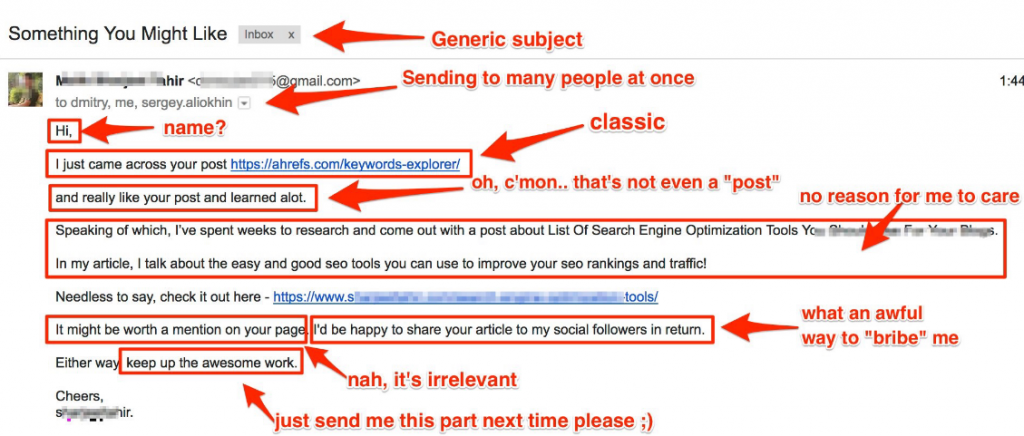 Tim Soulo's bad email outreach example